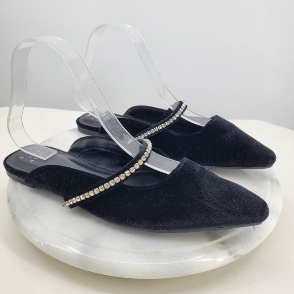 A New Day Open Back Black Velvet Sequin Strap Mule Slip On Ballet Flat Shoes 7.5 - Picture 1 of 8